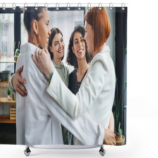 Personality  Happy And Optimistic Multicultural Girlfriends Embracing With Redhead Motivation Coach And Smiling At Each Other During Supportive Therapy In Consulting Room, Female Unity And Support Concept Shower Curtains