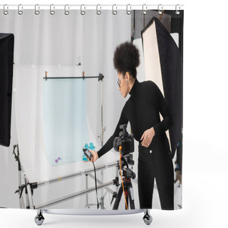 Personality  African American Content Manager Holding Exposure Meter Near Sandals And Sunglasses On Shooting Table In Photo Studio Shower Curtains