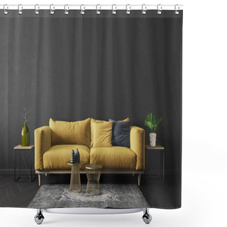 Personality  Modern Living Room  With Yellow Sofa In Black Room. Scandinavian Interior Design Furniture. 3d Render Illustration Shower Curtains