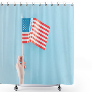 Personality  Partial View Of Woman Holding National American Flag On Stick On Blue Background Shower Curtains