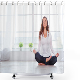 Personality  Young Woman Sitting On Lotus Position Shower Curtains