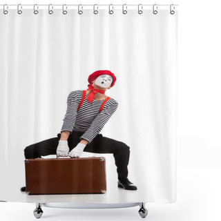 Personality  Mime Lifting Up Heavy Brown Suitcase Isolated On White Shower Curtains