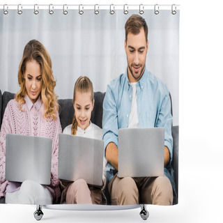 Personality  Cute Girl With Two Parents Using Laptops And Sitting On Sofa In Living Room Shower Curtains