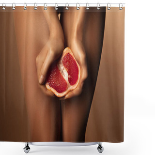 Personality  Cropped View Of Woman In Nylon Tights Squeezing Grapefruit Half Isolated On Brown Shower Curtains