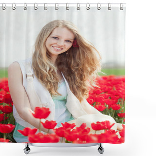 Personality  Beauty Young Woman With Flowers Tulips Shower Curtains