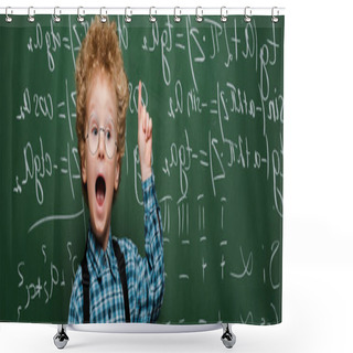 Personality  Panoramic Shot Of Kid In Glasses Having Idea Near Chalkboard  Shower Curtains