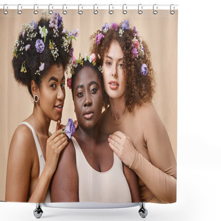Personality  Alluring Multiracial Women In Lingerie With Colorful Flowers In Hair On Beige, Plus Size Beauty Shower Curtains