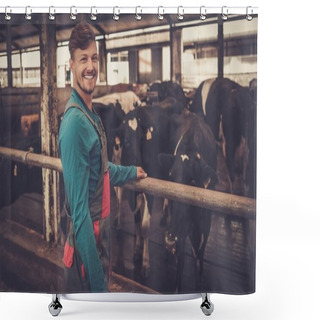 Personality  Farmer Feeding In The Cowshed In Dairy Farm. Shower Curtains