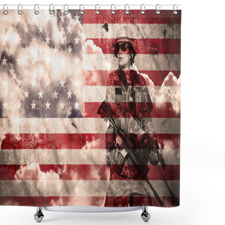 Personality  Soldier With Rifle On A Usa Flag Background Shower Curtains