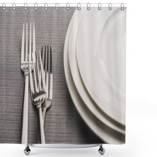 Personality  Empty Plates With Forks On Grey Linen Tablecloth Shower Curtains