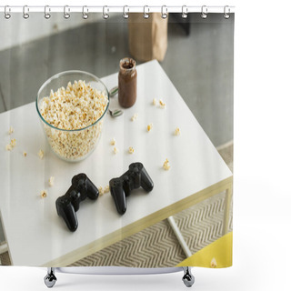 Personality  Glass Bowl With Popcorn And Joysticks On Table In Living Room Shower Curtains