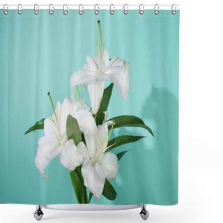 Personality  White Lilies With Green Leaves On Turquoise Background Shower Curtains