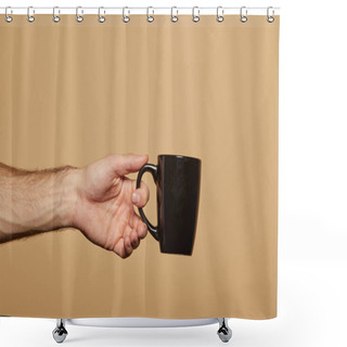 Personality  Cropped View Of Man Holding Black Mug Isolated On Beige Shower Curtains