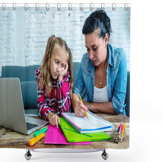 Personality  Mother Becoming Frustrated With Daughter Whilst Doing Homework Sitting On Sofa At Home In Learning Difficulties Homework Parenting And Education Concept Shower Curtains