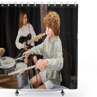 Personality  Focus On Concentrated Cute Teenage Boy Playing Drums Next To His Blurred Pretty Guitarist In Studio Shower Curtains