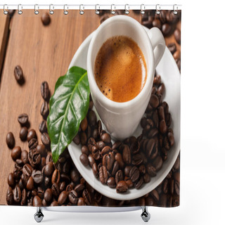 Personality  Cup Of Italian Espresso Coffee With Beans And Leaf, European Breakfast Shower Curtains