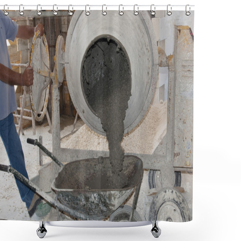 Personality  Worker Uses A Concrete Of A Concrete Mixer Shower Curtains