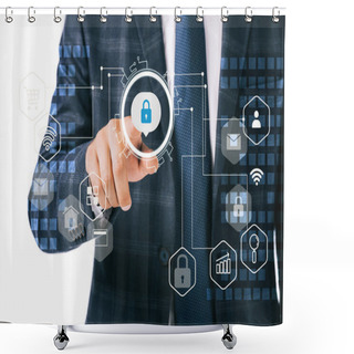 Personality  Partial View Of Businessman Pointing At Cyber Security Signs Isolated On White Shower Curtains