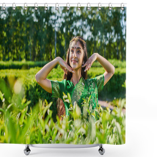 Personality  Carefree Young Indian Woman In Green Sari Posing Near Bushes In Park In Summer Shower Curtains