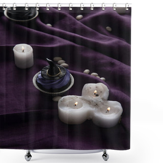 Personality  Delicious Halloween Cupcakes Near Burning Candles On Purple Cloth Shower Curtains