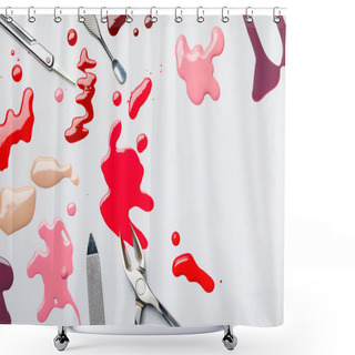 Personality  Top View Of Manicure Set Near Abstract Spills Of Nail Polish Isolated On Grey Shower Curtains