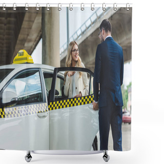 Personality  Handsome Stylish Man Opening Car Door To Smiling Blonde Woman Sitting In Taxi Shower Curtains