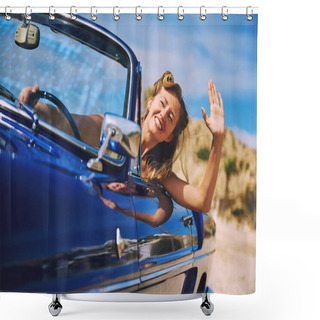 Personality  Beautiful Happy Woman Sitting In Retro Cabriolet Car Shower Curtains