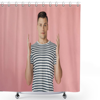 Personality  Front View Of Handsome Young Man With Hands Up In Striped T-shirt Looking At Camera Isolated On Pink Shower Curtains