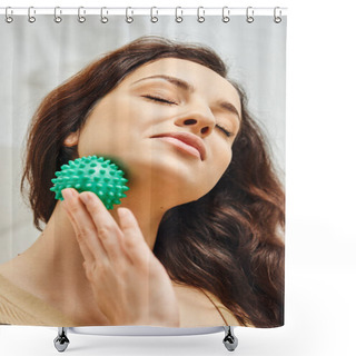 Personality  Portrait Of Pleased Young Brunette Woman With Closed Eyes Massaging Neck With Manual Massage Ball At Home, Lymphatic System Support And Home-based Massage, Balancing Energy Shower Curtains