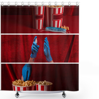 Personality  Collage Of Woman In Latex Gloves Holding Hand Sanitizer And Popcorn Near Mask With Stay At Home Lettering With Red Velour At Background Shower Curtains