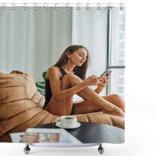 Personality  Woman With Long Hair Using Smartphone And Sitting On Bean Bag Chair, Coffee Table With Blurred Cup Shower Curtains