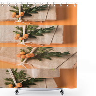 Personality  Collage Of Gift Box Wrapped In Craft Paper With Sea Buckthorn On Orange Background, Christmas Decor Shower Curtains