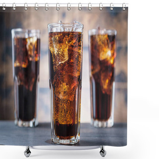 Personality  Three Cola Glass With Ice Cubes And Bubbles. Cold Sweet Drink On Wooden Background Shower Curtains