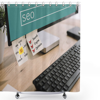 Personality  Close-up Shot Of Computer Screen With SEO Stickers And Keyboard At Modern Workplace Shower Curtains