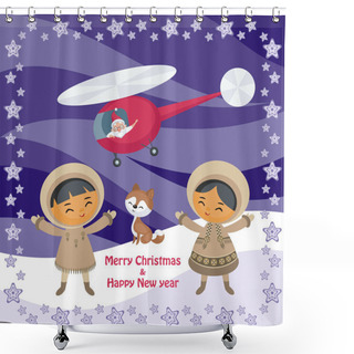 Personality  Christmas Greeting Card With The Image Of The Eskimo People And Santa Claus. Vector Illustration. Shower Curtains
