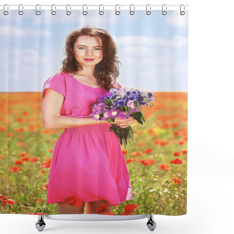 Personality  Beautiful Young Woman With Flowers In Poppy Field Shower Curtains