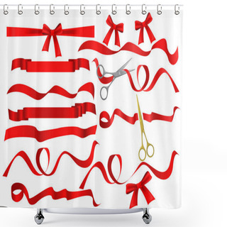 Personality  Metal Chrome And Golden Scissors Cutting Red Silk Ribbon. Realistic Opening Ceremony Symbols Tapes Ribbons And Scissors Set. Grand Opening Inauguration Event Public Ceremony. Shower Curtains