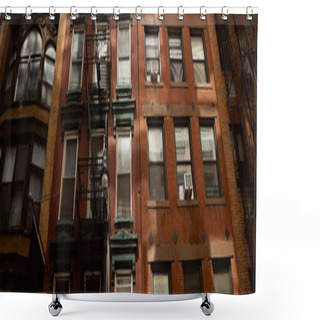 Personality  Low Angle View Of Vintage Red Brick House With Fire Escape Stairs In New York City, Banner Shower Curtains