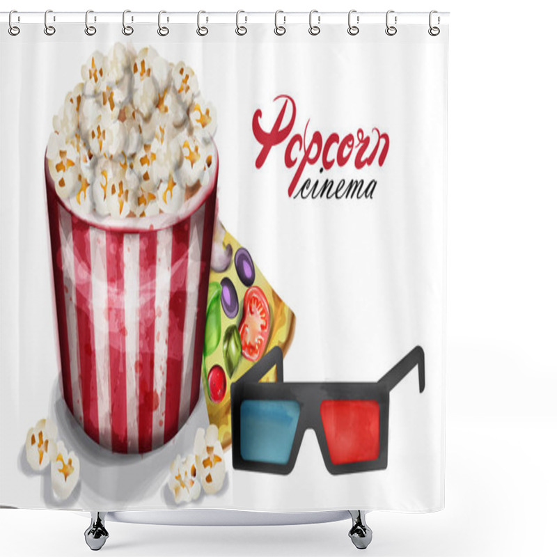 Personality  Popcorn And Cinema Glasses Vector Watercolor. Movie Concept Posters Shower Curtains