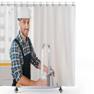 Personality  Cheerful Handyman In Helmet Smiling While Holding Ladder  Shower Curtains