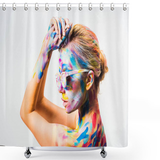 Personality  Side View Of Attractive Girl With Colorful Bright Body Art And Sunglasses Isolated On White Shower Curtains