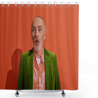 Personality  Surprised And Impressed Senior Man With Bulging Eyes Looking At Camera On Red Orange Background, Grey Hair And Beard, Green Velour Blazer And Trendy Shirt, Personal Style And Positive Aging Concept Shower Curtains
