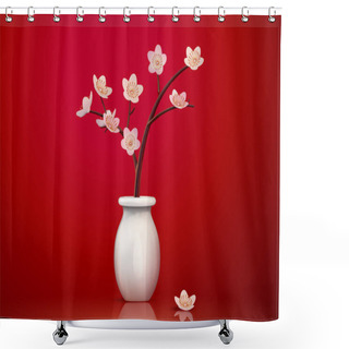 Personality  Lovely Ceramic Plum Flower In White Vase Isolated On Red Background, 3d Illustration Shower Curtains