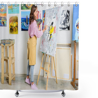 Personality  Side View Of Beautiful Female Artist Painting On Canvas In Workshop Shower Curtains