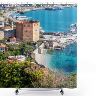 Personality  Close Up Photo Of Red Tower Which Locally Known As Kzl Kule In Alanya, Antalya, Turkey. Shower Curtains