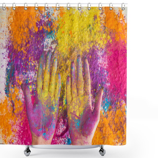 Personality  Cropped View Of Woman With Hands In Multicolored Holi Powder Shower Curtains