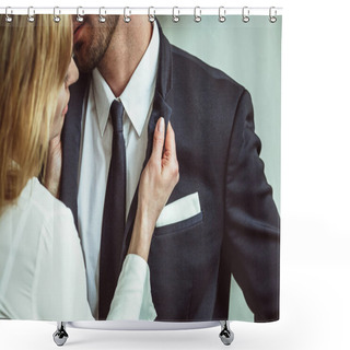 Personality  Young Businesswoman Holding Jacket Collar Of Businessman. Flirting Couple Of Unrecognizable Caucasian People. Passionate Love Affair In Office Workplace. Close Up Shot Shower Curtains