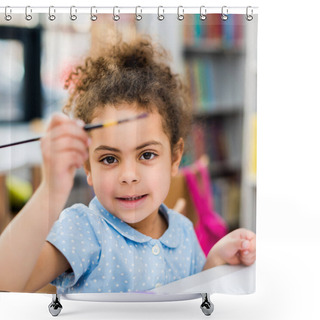 Personality  Selective Focus Of Cheerful African American Kid Holding Paintbrush  Shower Curtains