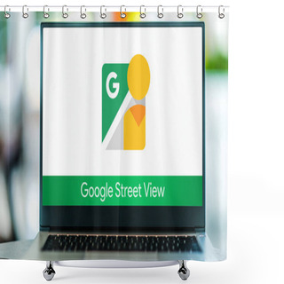 Personality  POZNAN, POL - JUL 10, 2021: Laptop Computer Displaying Logo Of Google Street View, A Technology Featured In Google Maps And Google Earth Shower Curtains