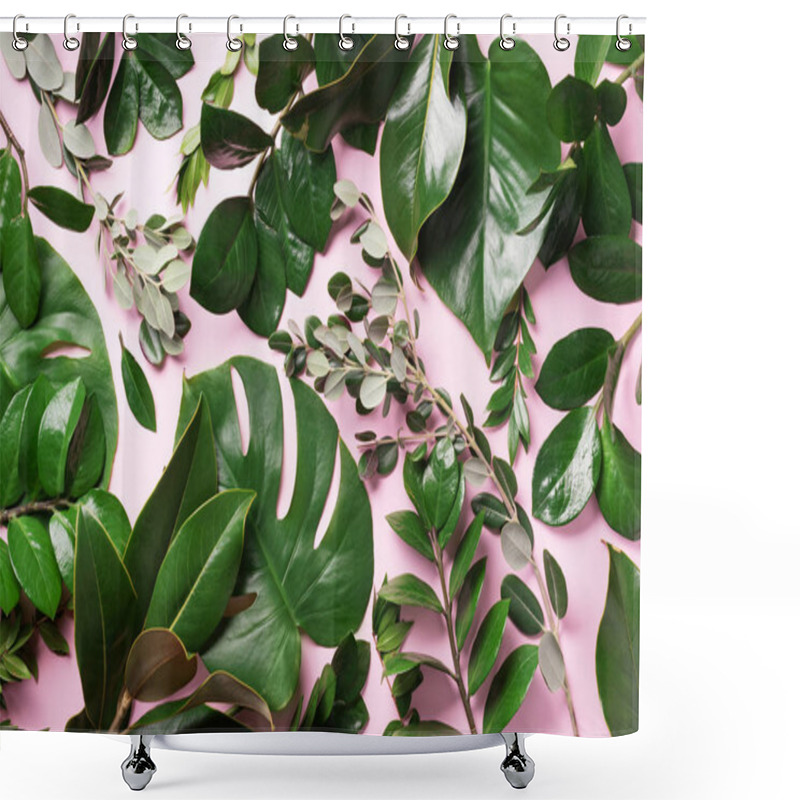 Personality  Creative Layout Made Of Tropical Green Leaves On Pink Background. Flat Lay. Top View. Summer Or Spring Nature Concept. Blank For Advertising Card Or Invitation. Mock Up Shower Curtains